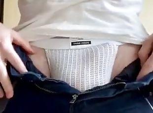 Big bulge in jeans and jockstrap with extra cumshot