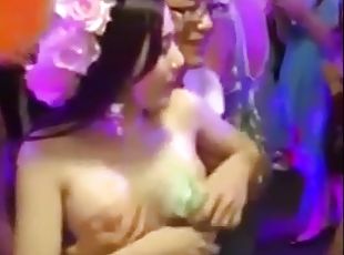 Sexy bride earns money by letting guests grope her