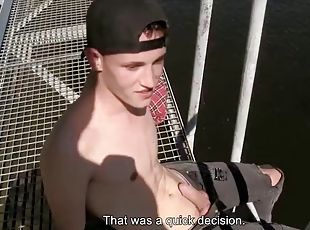 Hairy twink cums on interviewers chest while getting his