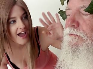 Tight teen rides grandpa cock she gets hard fucked and takes creampie
