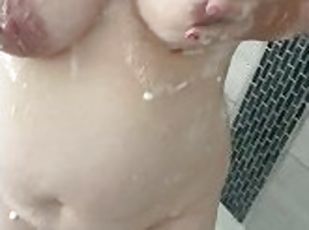 Horny milf soaping up my big milf tits, scrubbing my dirty pussy clean