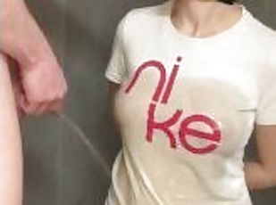 Wet Piss t-shirt. Hot wife gets pissed all over her tits.