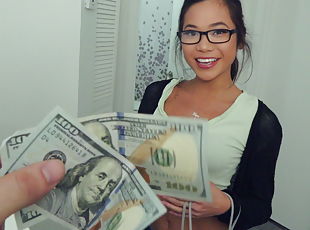 Nerdy asian teen in glasses Vina Sky fucks for dollars