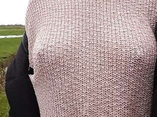 Boobwalk: Walking braless in a pink see through knitted sweater