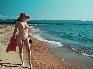 Walking naked on a sandy beach, fucking a huge dildo and having sex with a boyfriend