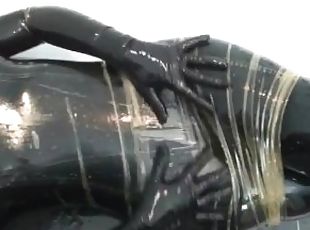 Two Rubber Layers Black And Transparent Latex Catsuit Blowjob And Pissing