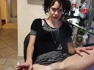 pigtail girl smoking cigarette in short dress shows off pussy and asshole