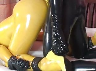Hard Fuck And Encased In Yellow Latex Catsuit + Mask + Gloves And Mouth Gag