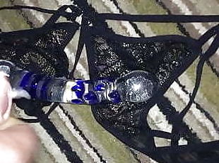 Cum black bra &amp; glass dildo