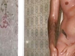 mandi, dubur, peju, zakar-besar, homoseksual, merangkap, mandi-shower, solo, gay, zakar