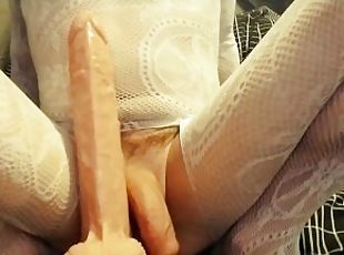 Sissy riding 12 inch dildo