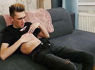 Skinny blonde twink Andy Ford jerking off his massive dick