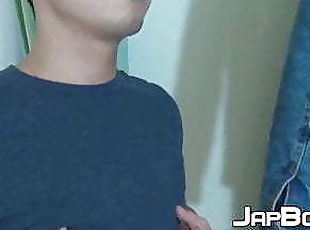 Sensual cute Asian twink strips and solo wanks his huge cock