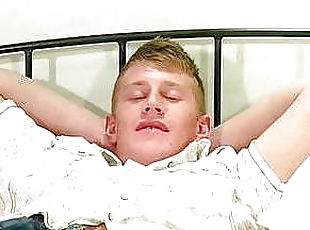 Blond British jock Michael B jerks off his dick and cums