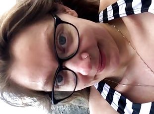 shy cute girl takes huge facial on public beach (risky public blowjob)