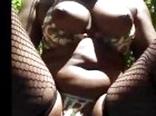 Masked girl masturbate outdoor