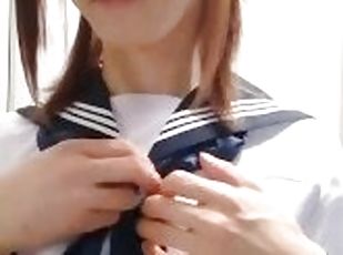 Japanese Crossdresser takes off Sailor School Uniform