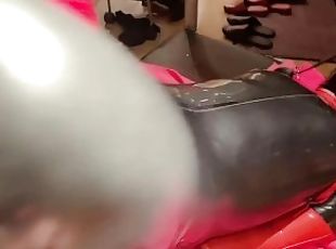 Mistress puts Vibrator on her Full Rubber Slave