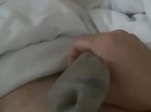 Woke up with a rock hard cock morning wood HUGE cumshot into a sock next stepsister load dirty talk