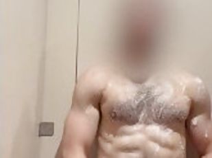 Horny daddy jerks off in the shower of public locker.