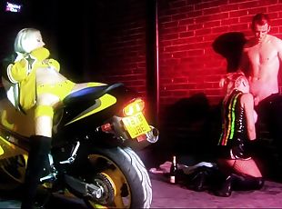 Fishnet stockings clad biker sluts have wild ogry outside a club