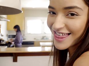 Emily Willis young brunette with sexy smile gives POV blowjob for cum