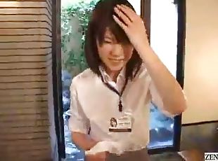 Shy Japanese employee gives handjob in hot spring