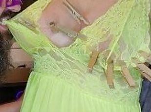 Slut in yellow gets her tits tortured just for fun