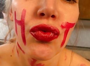 Summer Fun! Cute Girl Covers Herself In Red Lipstick & Touches Herself For You To Watch