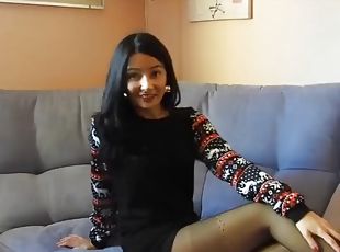 Sexy italian vlogger tries on black pantyhose