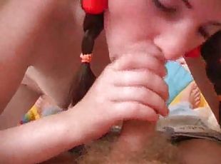 Teen in pigtails blows him and gets fucked
