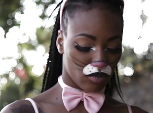 Skinny ebony cat girl gets facialized after a thorough anal