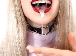 Cum play only! Mouth full of cum, tongue play and red lipstick, eating sperm
