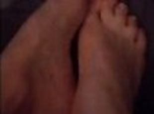 Barefoot wife rubbing my dick with her feet and some light CBT before bed