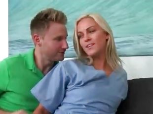 Blonde in surgical scrubs fucked on couch