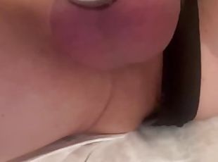Jenny try to get a sissygasm in her chastity cage by fucking her asshole with her plug