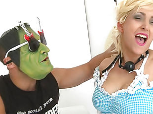 Collared girl in costume fucked by masked man
