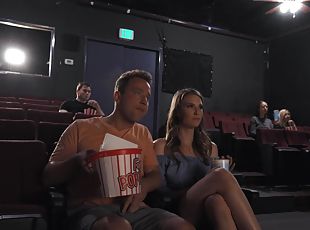 Dashing beauty devours cock at the cinema in pretty indecent rounds