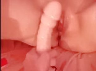 My husband helps to pound my huge hole with a big dildo