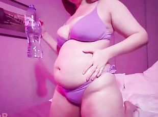 Cute girl drink a lot of water, belly stuffing, cum inflation