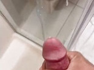 Daddy blasts huge cock Cumshot on expensive hotel shower glass